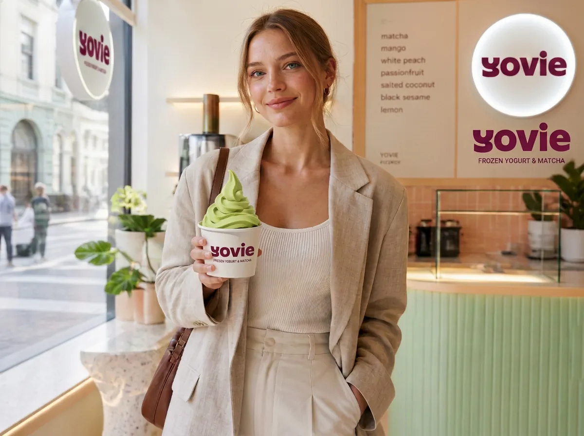 YOVIE customer enjoying frozen yogurt in a contemporary store setting