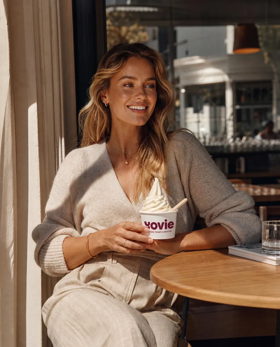 A confident franchisee enjoying YOVIE frozen yogurt in a warm, sunlit café setting