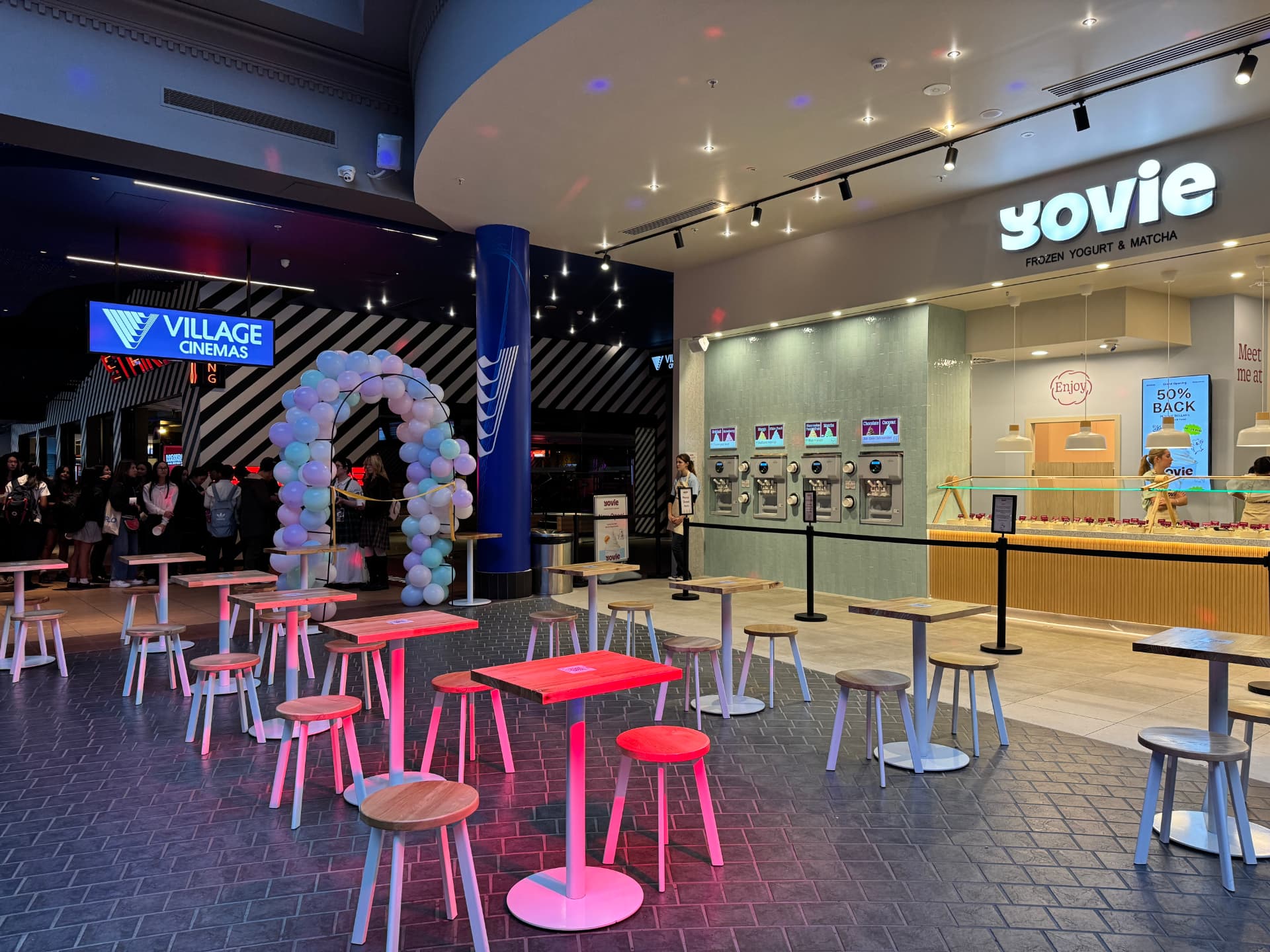 The YOVIE store beside Village Cinemas at Century City Walk, Glen Waverley, with its self-serve machines and shared seating area