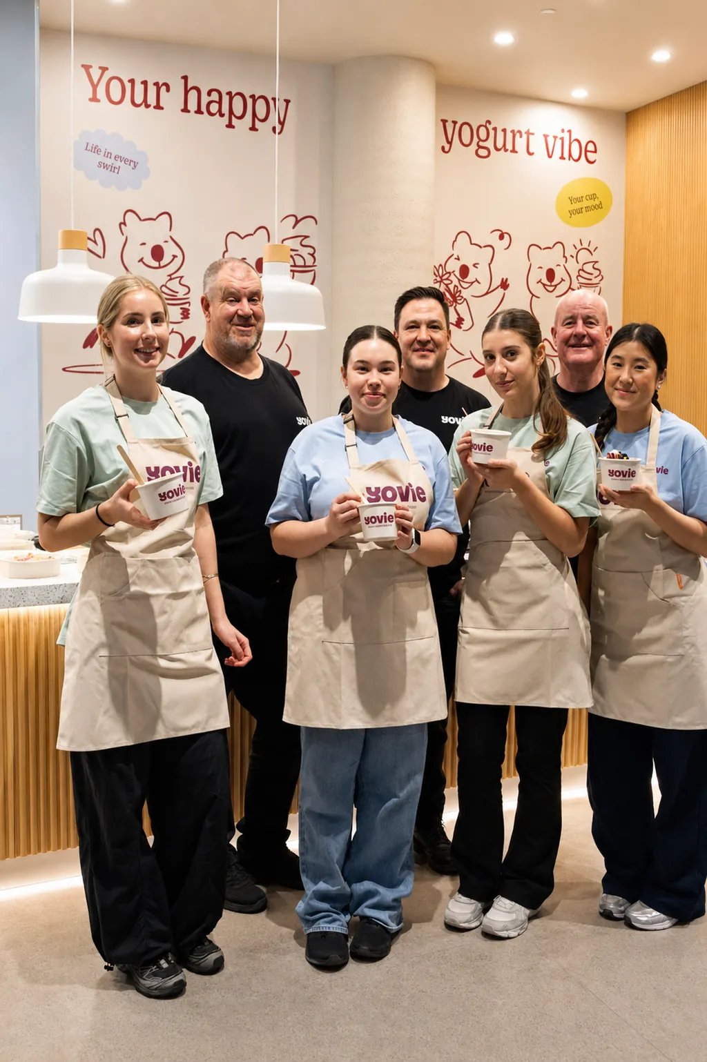 YOVIE store team holding frozen yogurt cups inside a YOVIE franchise store