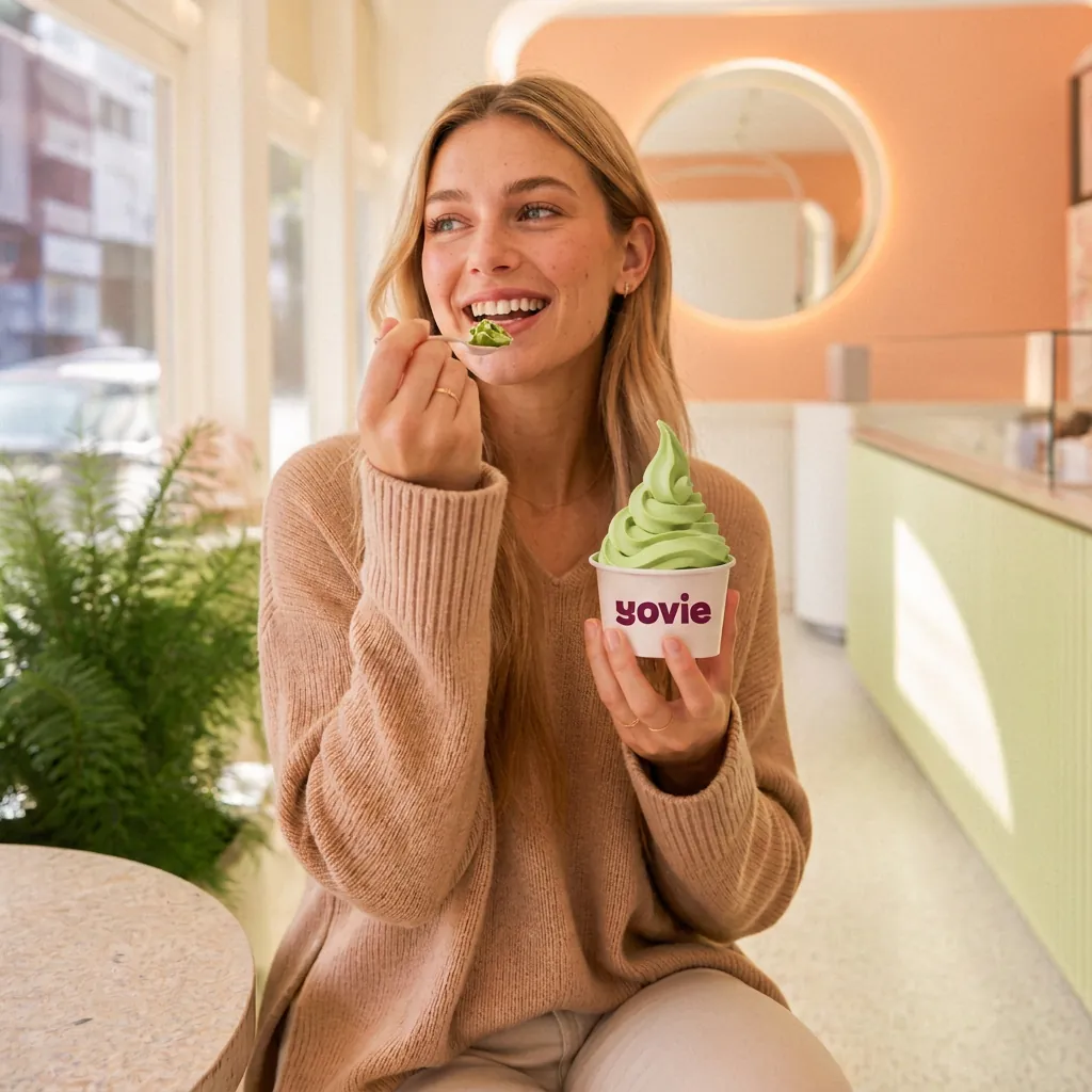 Model enjoying a Yovie matcha